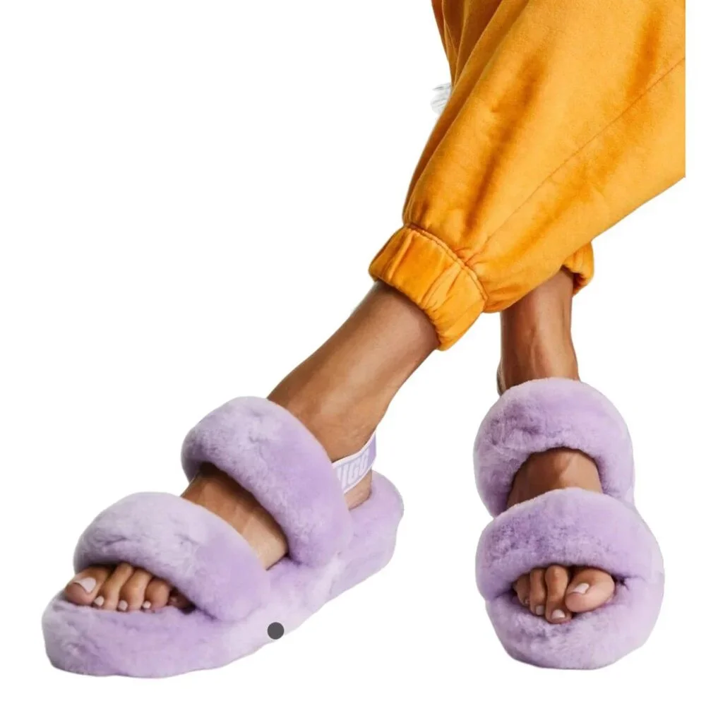 New UGG 6 Slippers Oh Yeah Womans Double Strap Sheep Fur Sandal Open Toe Shoes